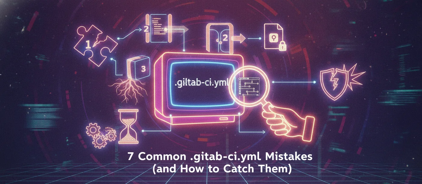 Synthwave illustration: a magnifying glass examining a .gitlab-ci.yml on a retro CRT monitor, surrounded by numbered neon icons of common pipeline mistakes — a broken puzzle piece, a cracked shield, gears, and an hourglass