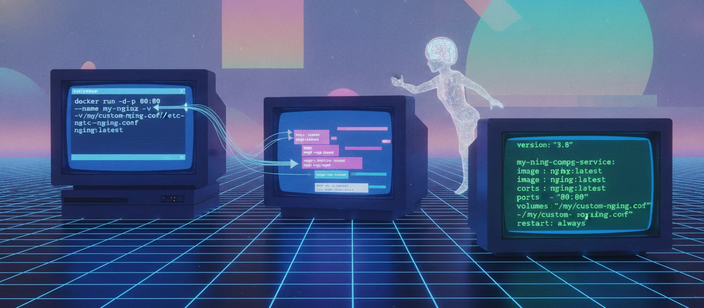 Illustration: a docker run command on one retro terminal, its flags flowing screen to screen until they reassemble as a docker-compose.yml service