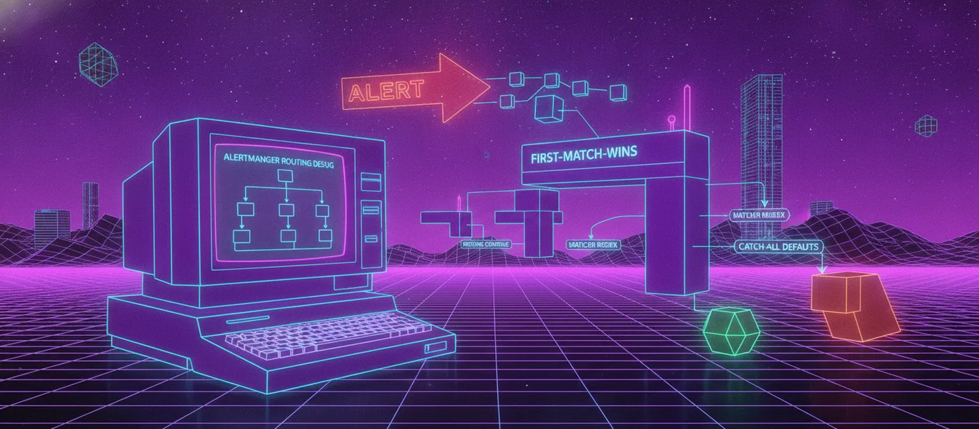 Synthwave illustration of debugging Alertmanager routing: an alert rides a neon route tree through a first-match-wins gate, past the classic traps — missing continue, matcher regex, catch-all defaults