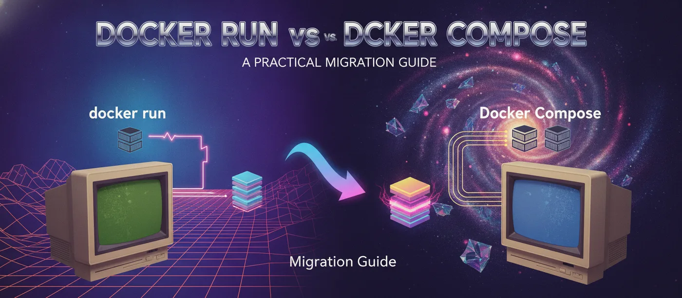 Synthwave illustration: a docker run one-liner on one retro computer migrating along a neon arrow to a multi-container Docker Compose stack on another
