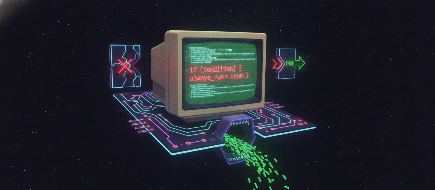 Synthwave illustration: a retro CRT terminal where an if condition coerces to a truthy string, so every run pours through the gate straight to TRUE