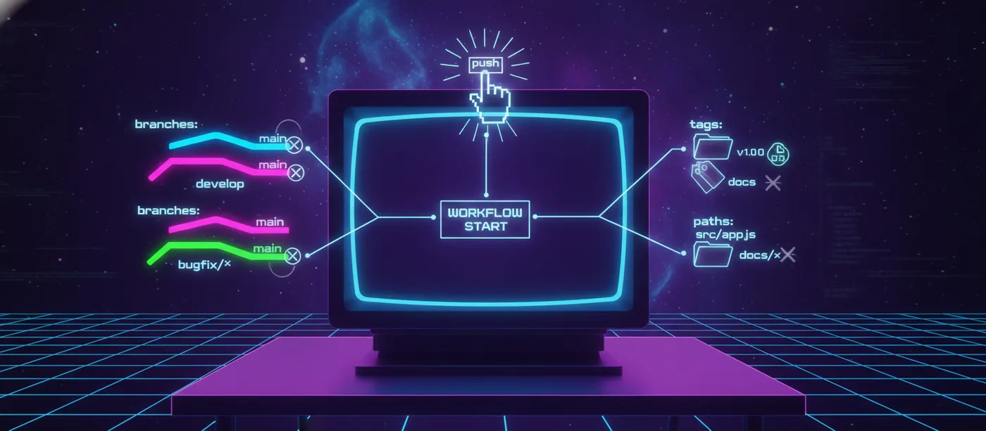 Synthwave illustration: a push event reaches a retro terminal reading WORKFLOW START while branches, tags and paths filters approve or reject refs and changed files