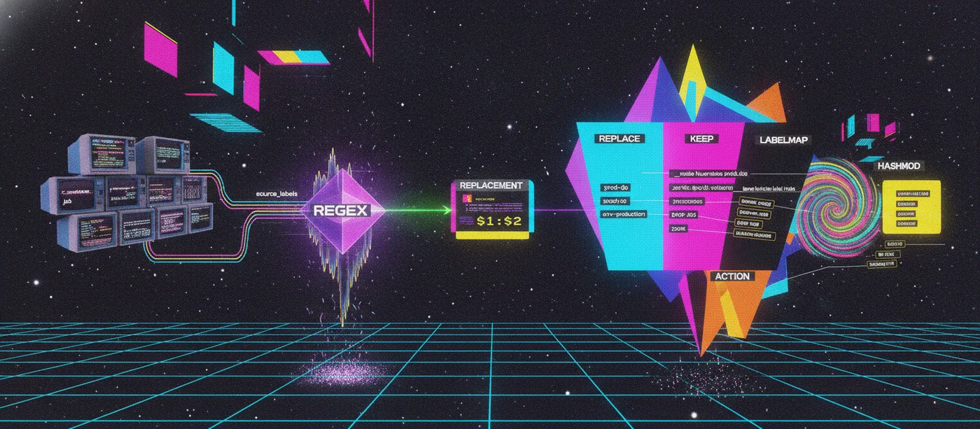 Synthwave illustration of a relabel rule: source_labels flow into an anchored regex, the $1:$2 replacement expands, and actions like replace, keep, labelmap and hashmod rewrite the labels.