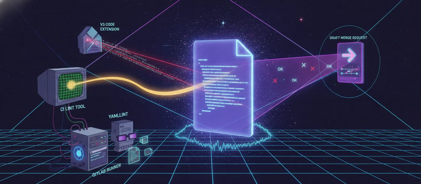 Illustration: a glowing .gitlab-ci.yml scanned by CI lint tools, yamllint and editor checks, with OK and error verdicts flowing toward a draft merge request